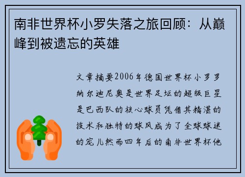 南非世界杯小罗失落之旅回顾：从巅峰到被遗忘的英雄